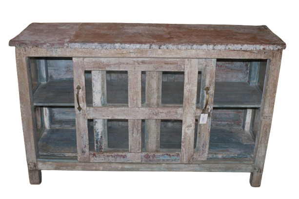 Vitrine basse ancienne en bois patiné et verre