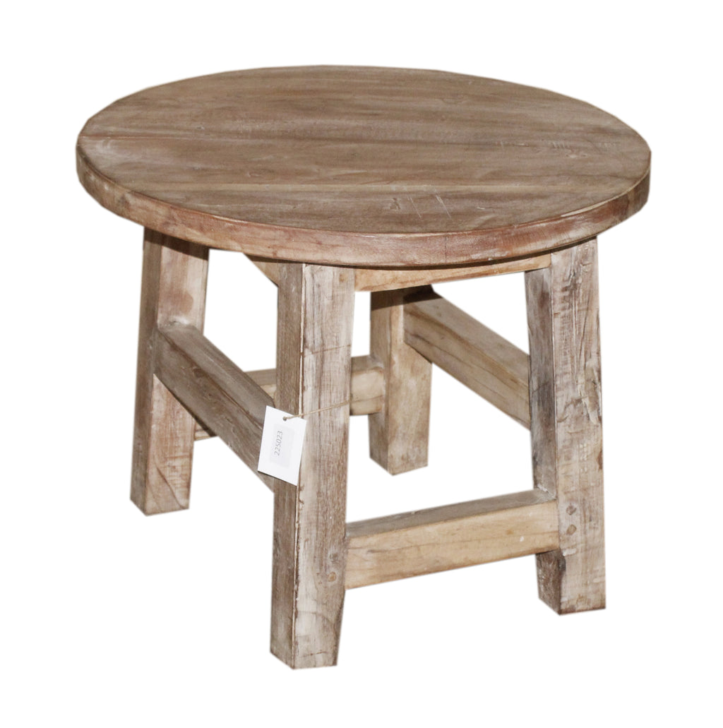 Petite table basse ronde ancienne en bois patiné