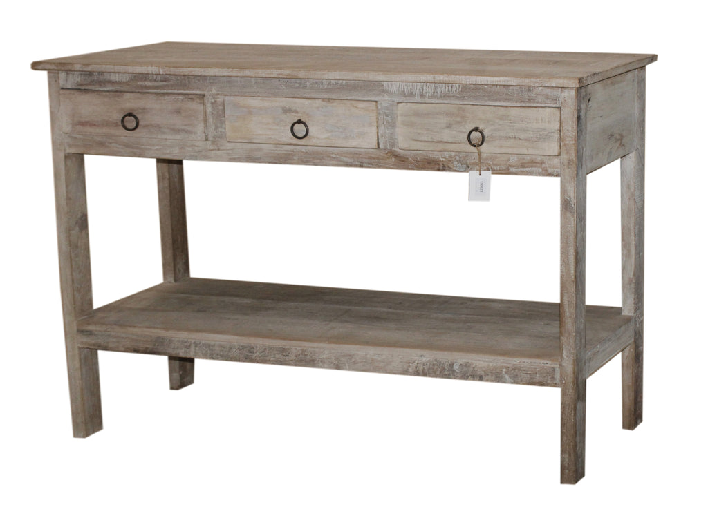 Console ancienne à tiroirs en bois patiné clair