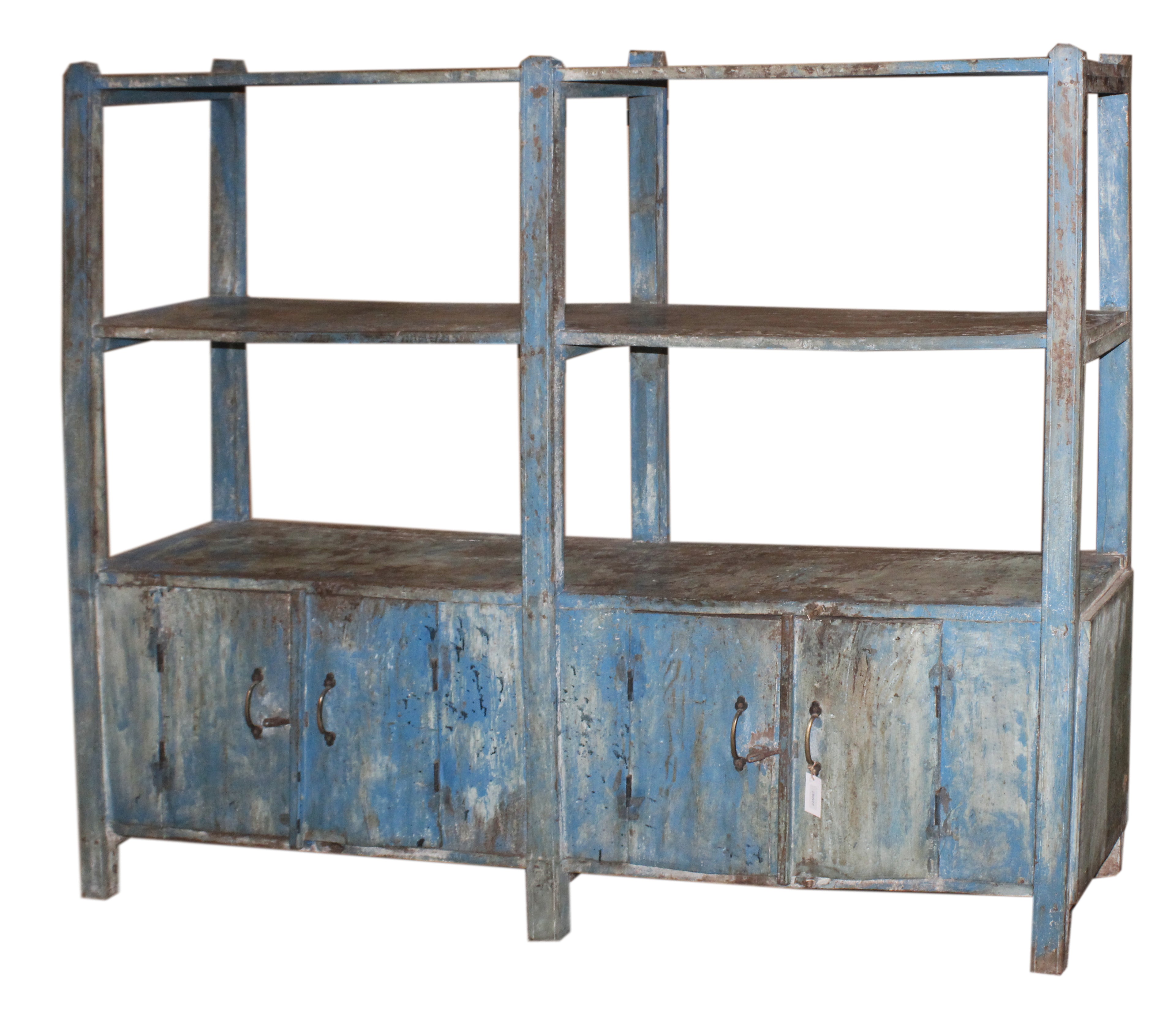 Grande étagère ancienne bleu patiné avec placards