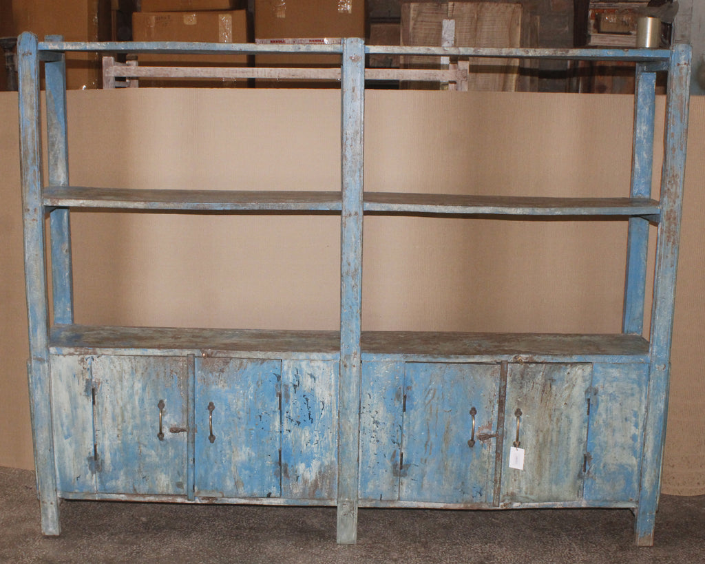 Grande étagère ancienne bleu patiné avec placards