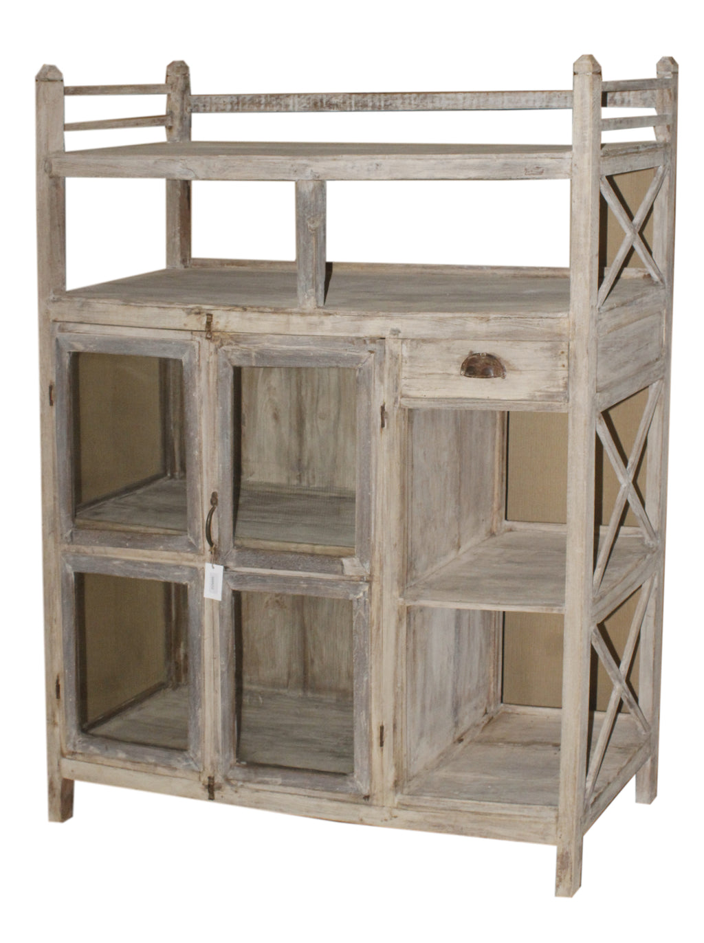 Étagère ancienne en bois patiné avec vitrines