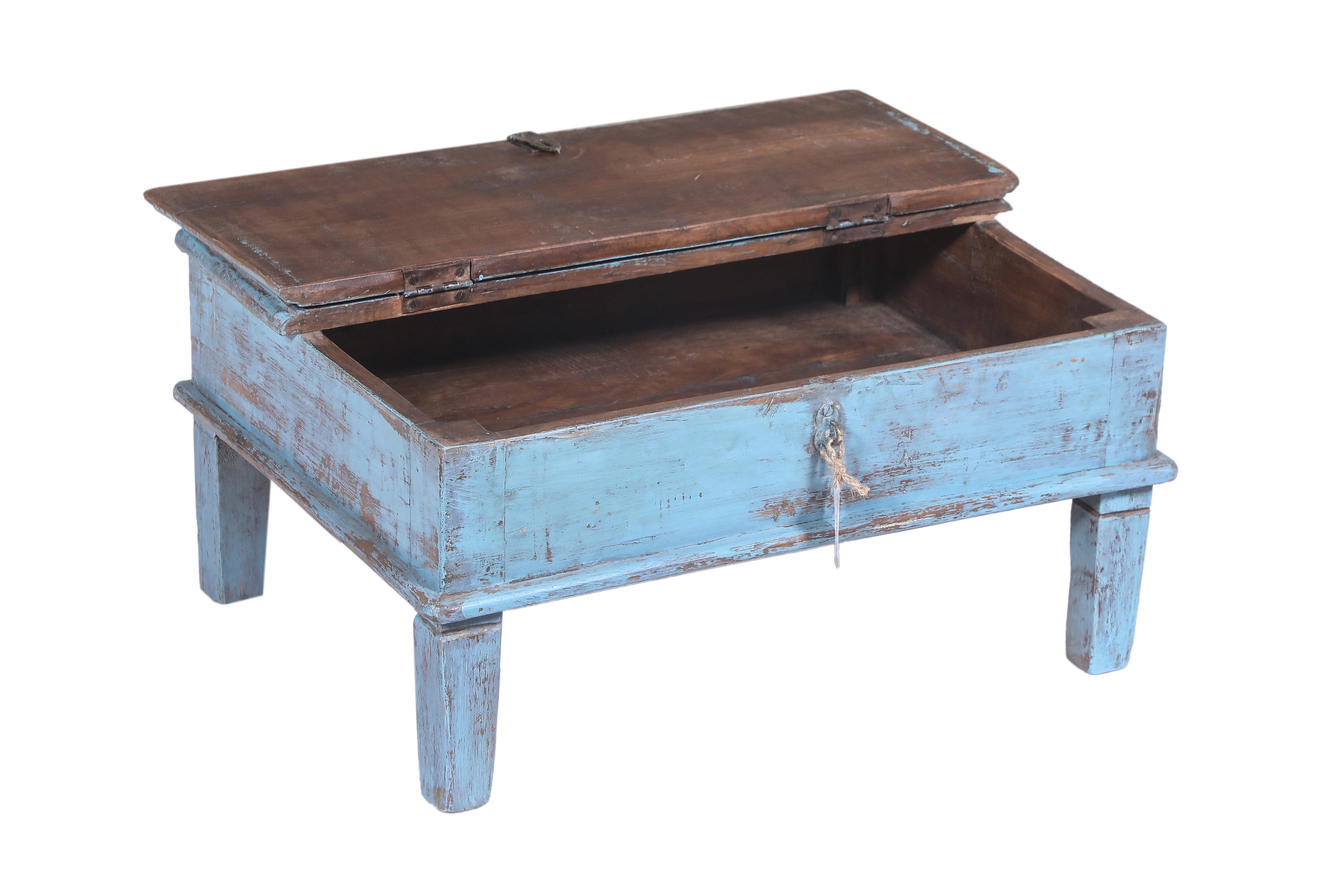 Table basse ancienne coffre en bois bleu