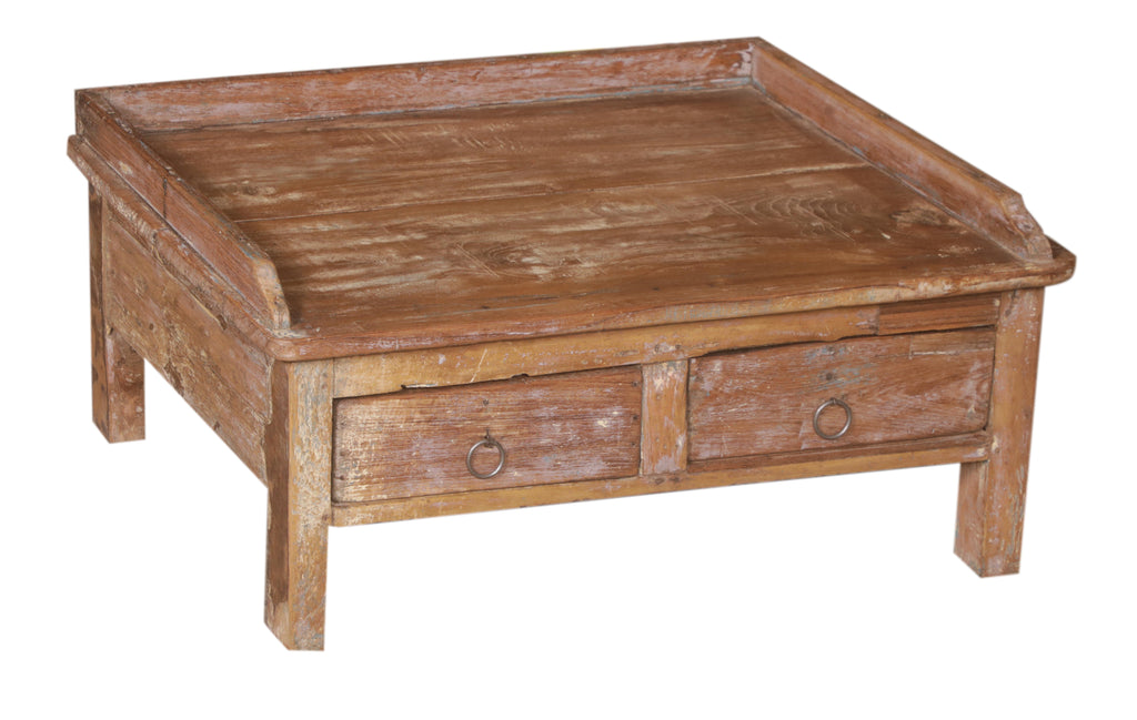 Table basse ancienne en bois naturel avec tiroirs