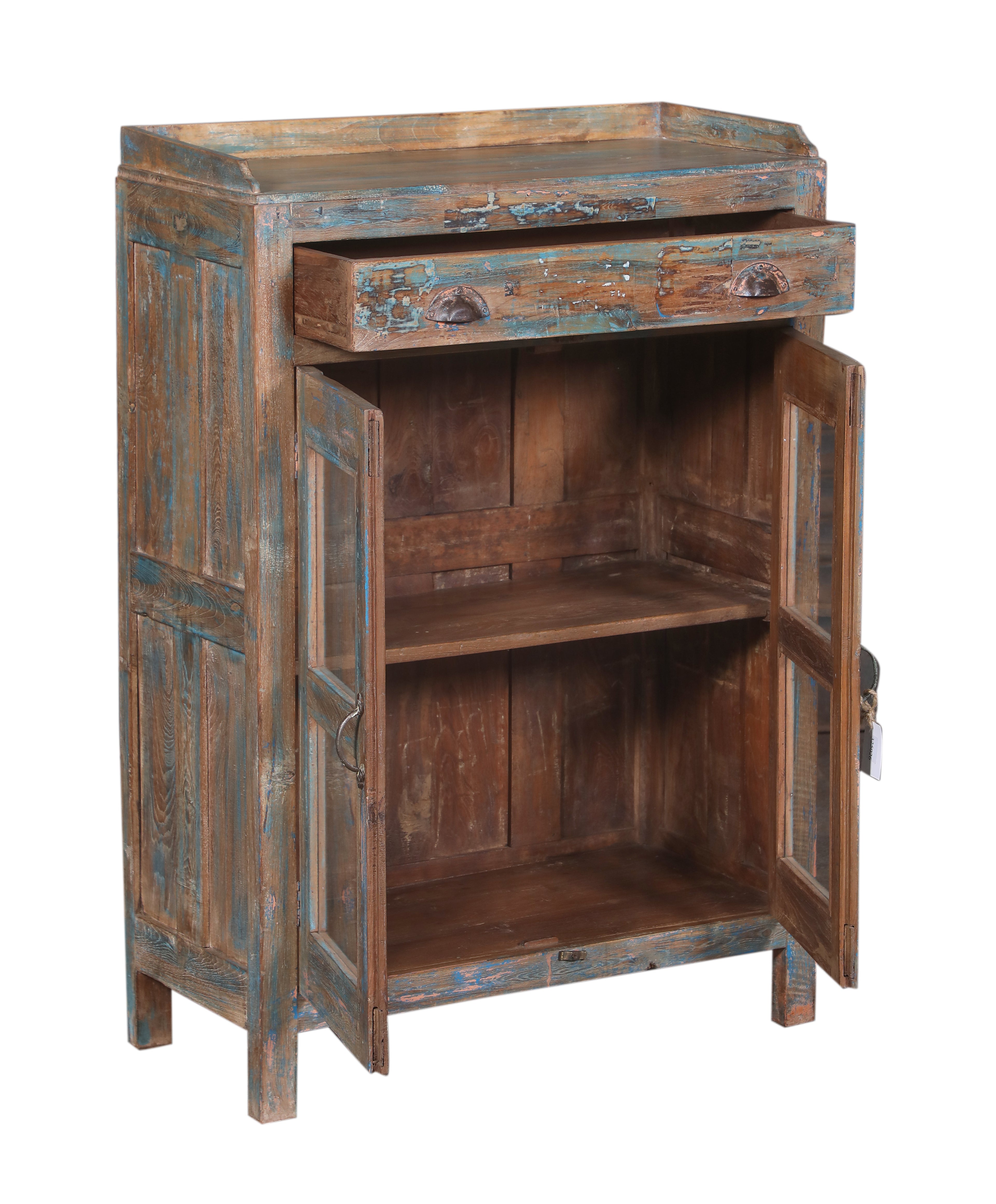 Vitrine ancienne en bois patiné avec tiroirs