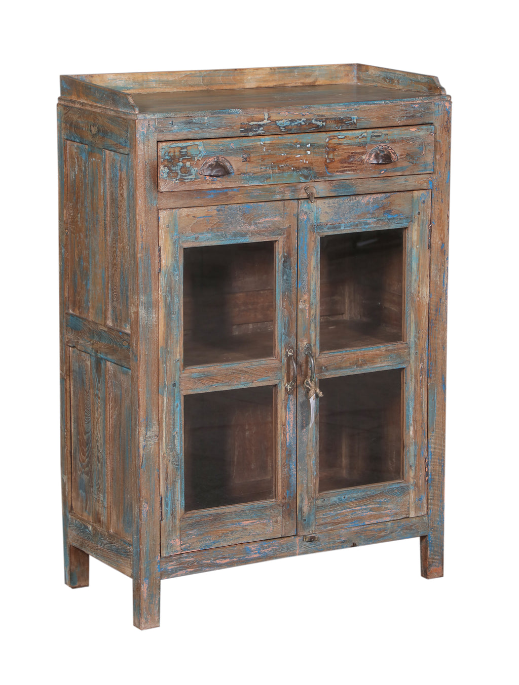 Vitrine ancienne en bois patiné avec tiroirs