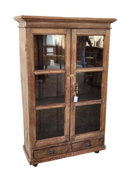 Vitrine ancienne en bois patiné avec tiroirs