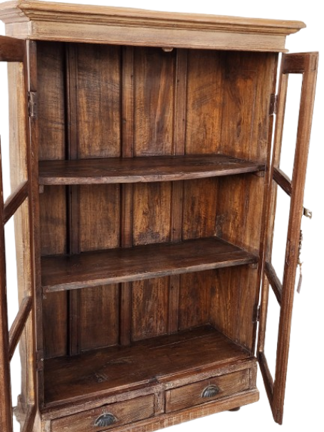 Vitrine ancienne en bois patiné avec tiroirs