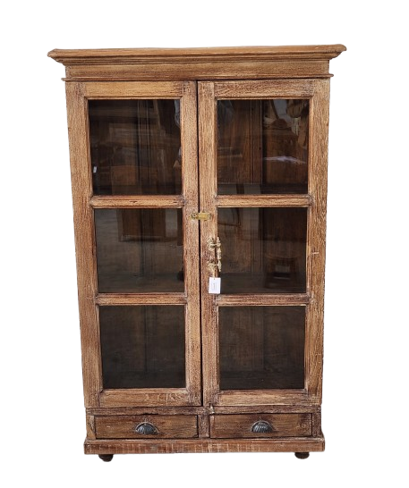 Vitrine ancienne en bois patiné avec tiroirs