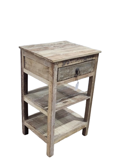 Guéridon ancien en bois avec tiroir et étagères