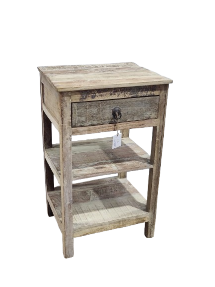 Guéridon ancien en bois avec tiroir et étagères