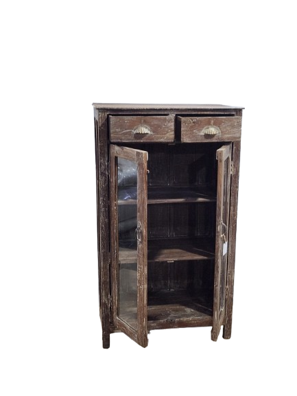 Vitrine ancienne en bois avec tiroirs et portes vitrées