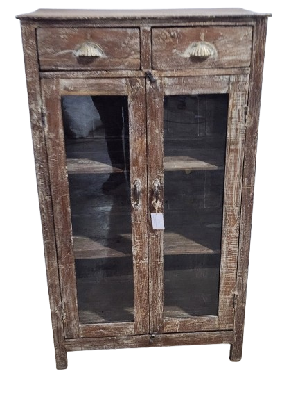 Vitrine ancienne en bois avec tiroirs et portes vitrées