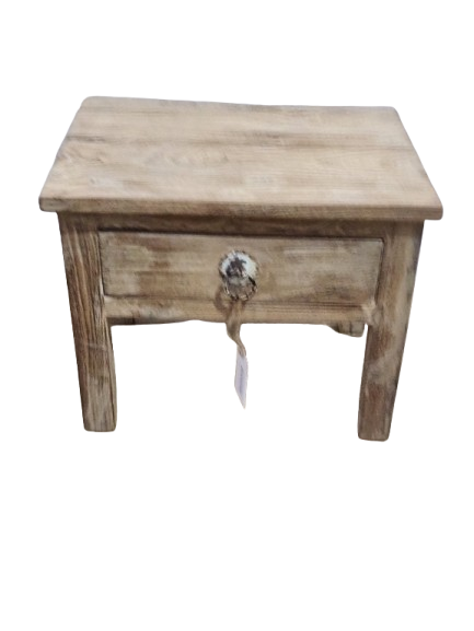 Petite table basse ancienne en bois brut avec tiroir