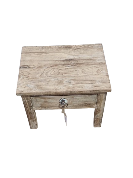 Petite table basse ancienne en bois brut avec tiroir