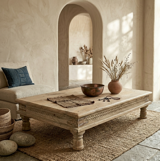 Table basse ancienne carrée en bois massif – pièce unique