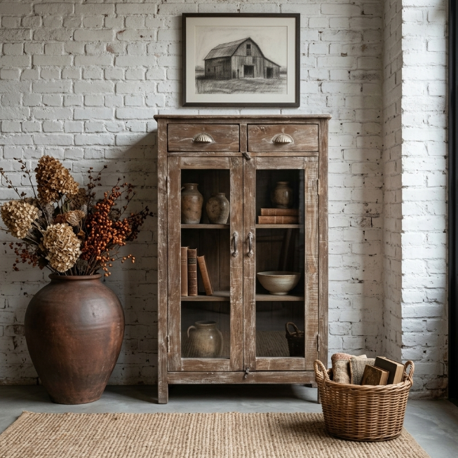 Vitrine ancienne en bois avec tiroirs et portes vitrées