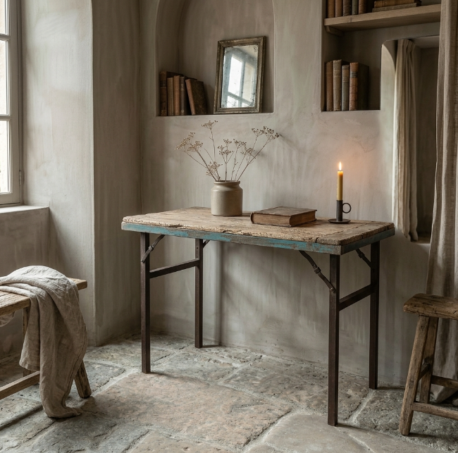 Ancienne table pliante d’atelier en bois et métal