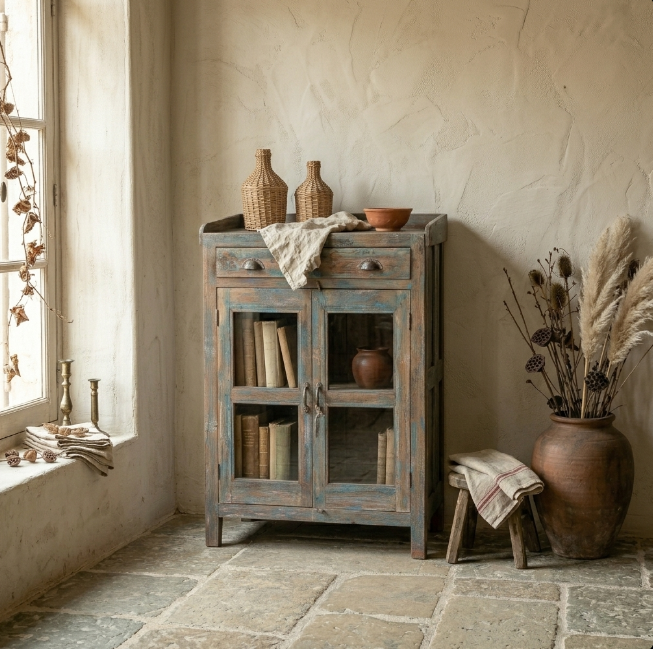 Vitrine ancienne en bois patiné avec tiroirs