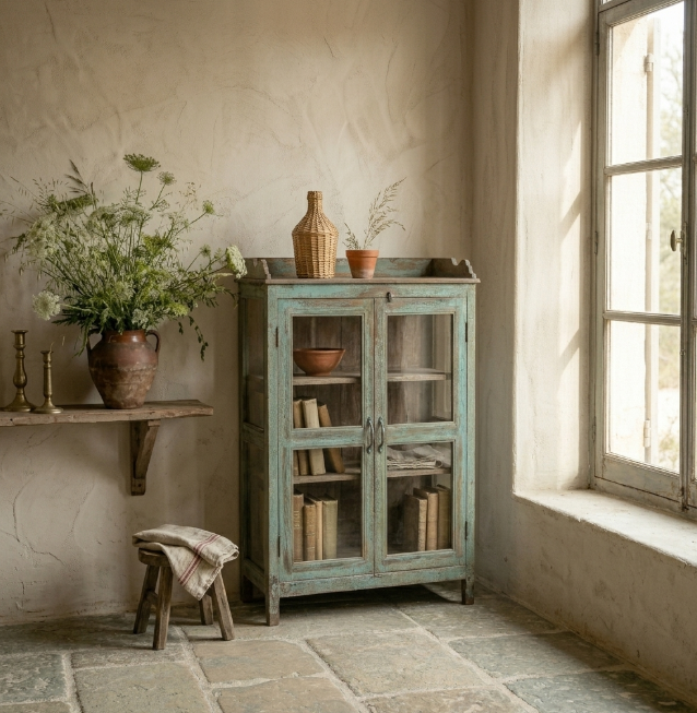 Vitrine ancienne en bois patiné turquoise