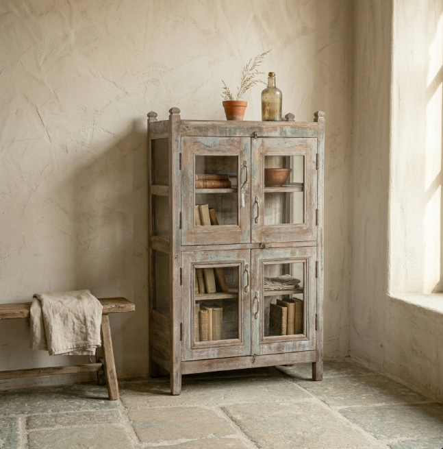 Vitrine ancienne en bois patiné – grand modèle
