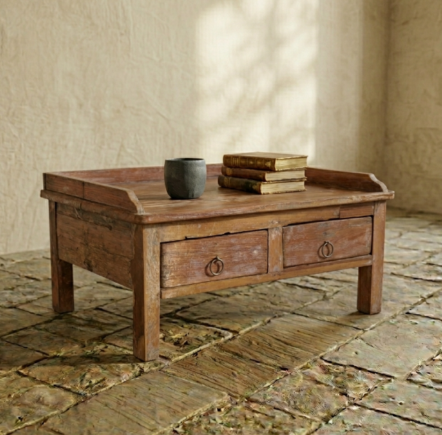 Table basse ancienne en bois naturel avec tiroirs