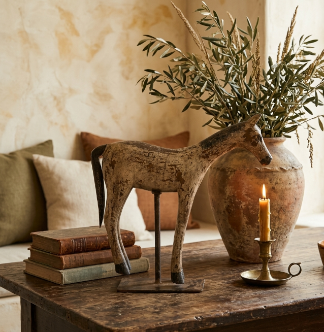 Cheval ancien sculpté sur socle
