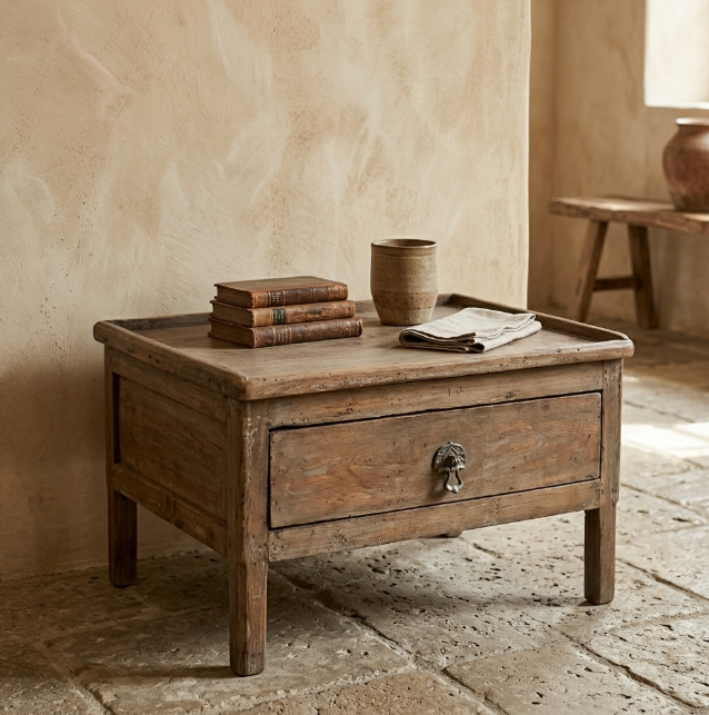 Petite table basse ancienne en bois avec tiroir