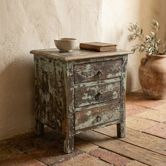 Chiffonnier ancien en bois patiné à 3 tiroirs