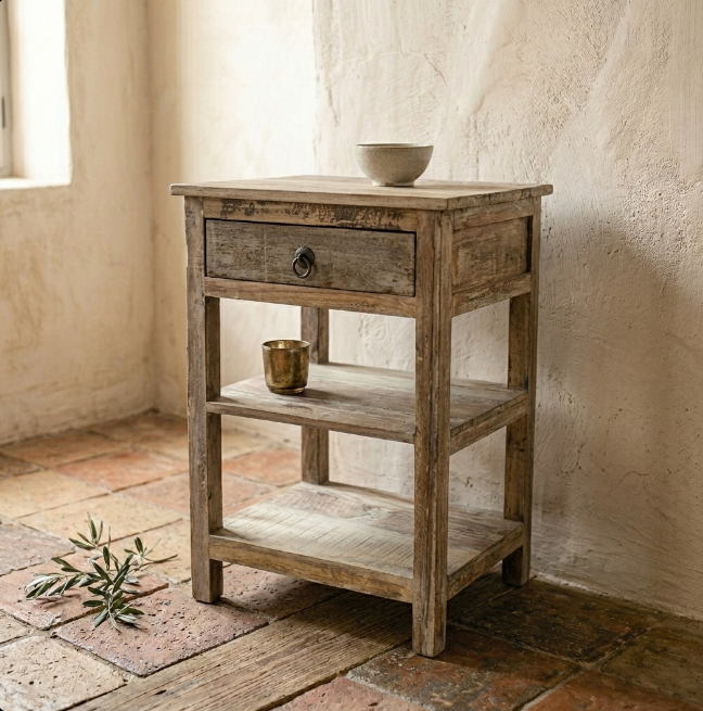 Guéridon ancien en bois avec tiroir et étagères