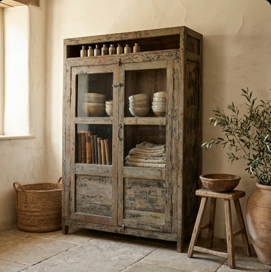 Vitrine ancienne en bois patiné