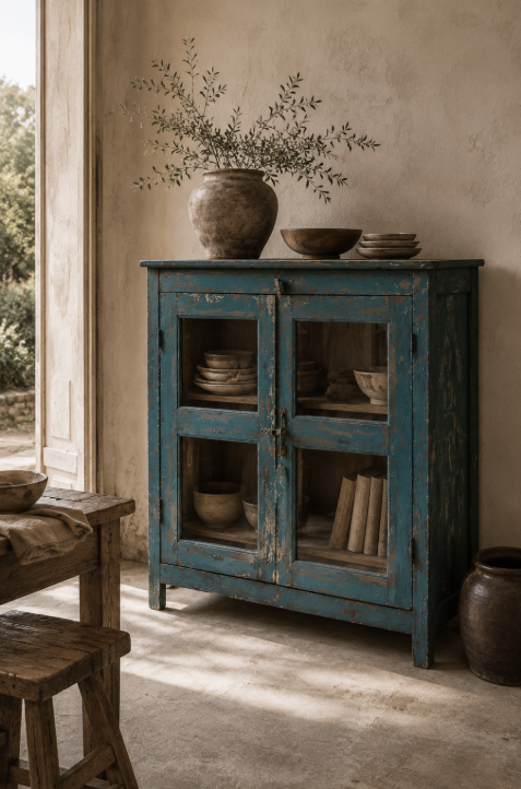 Vitrine ancienne turquoise patinée
