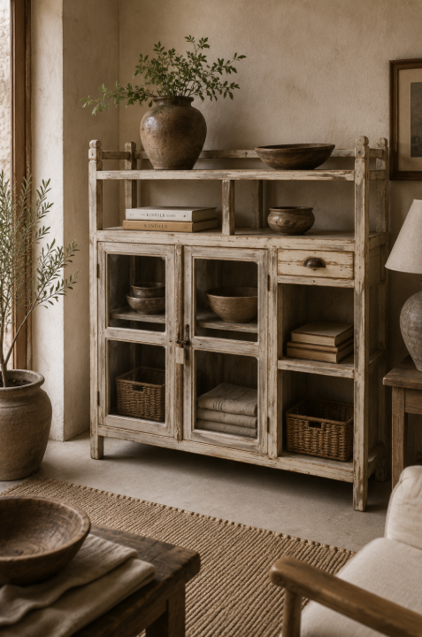 Étagère ancienne en bois patiné avec vitrines