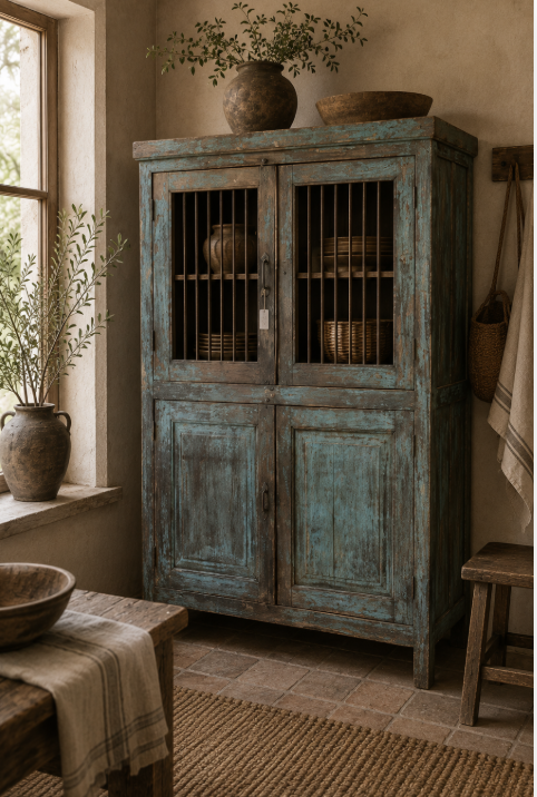 Vaisselier ancien turquoise patiné