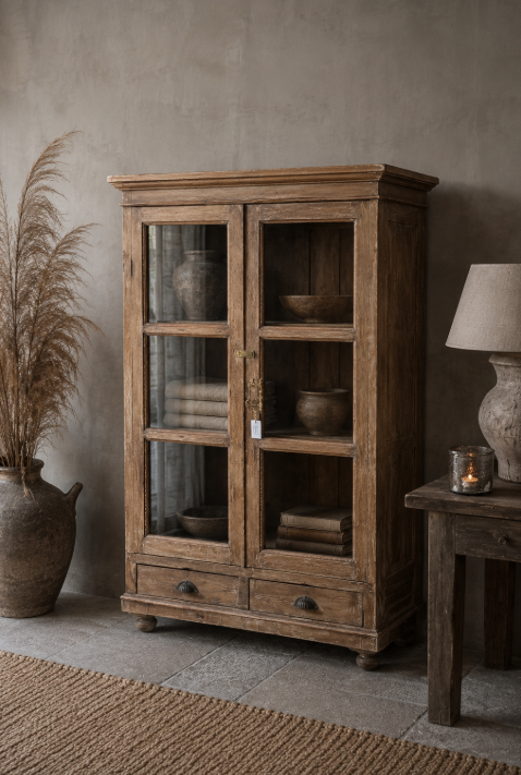 Vitrine ancienne en bois patiné avec tiroirs