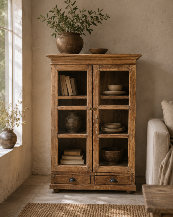 Armoire ancienne vitrée en bois patiné