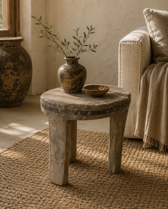 Tabouret ancien en bois patiné