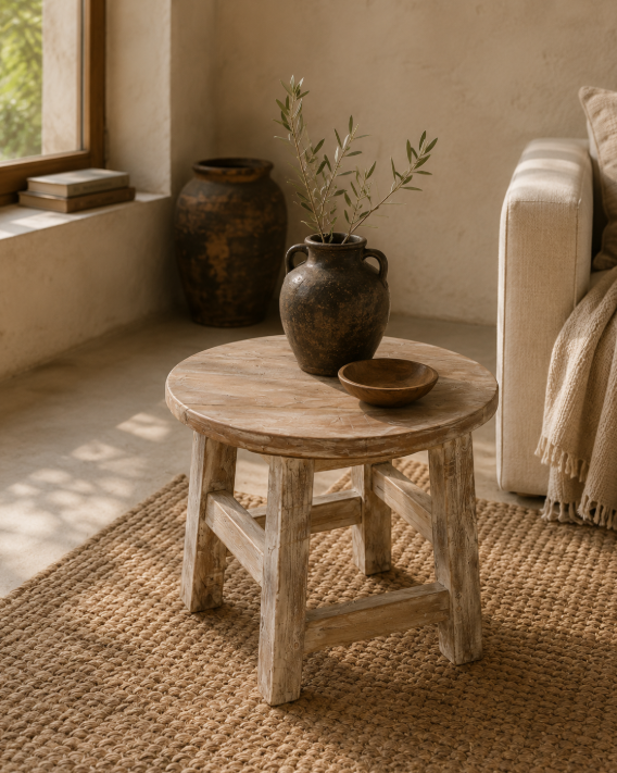 Petite table basse ronde ancienne en bois patiné