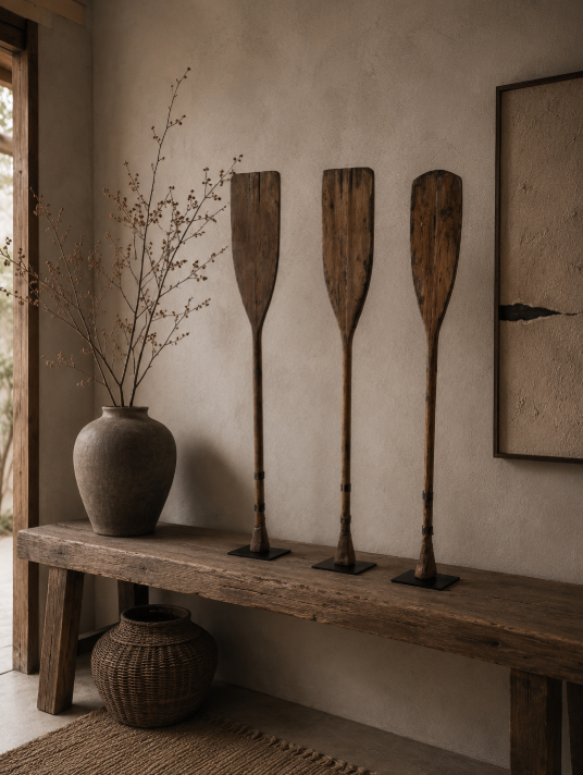 Pagaies anciennes décoratives sur socle