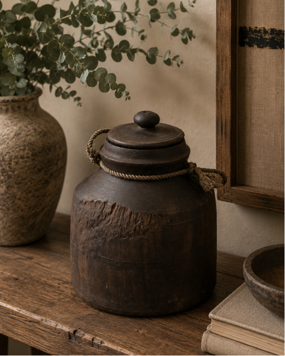 Pot ancien en bois avec couvercle