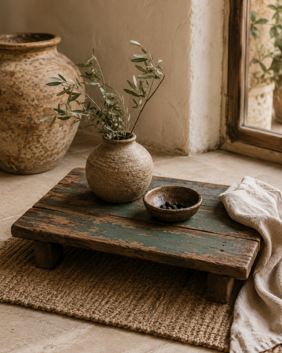 Petite table basse ancienne en bois patiné