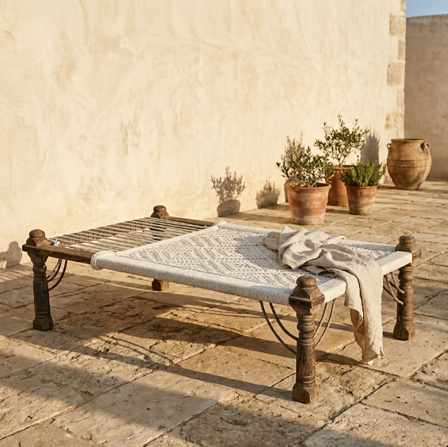 Charpoy ancien en bois sculpté et tressage coton