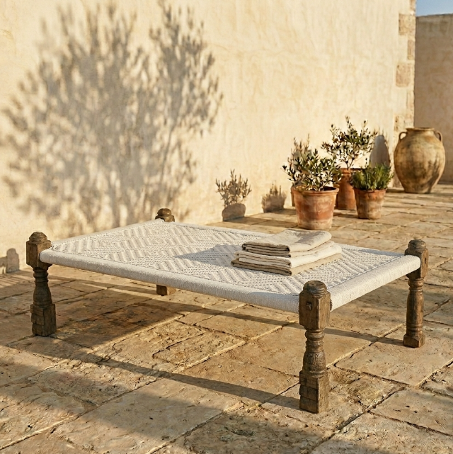 Charpoy ancien en bois sculpté et tressage coton