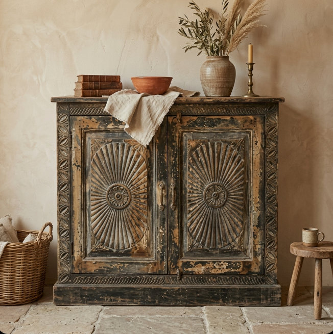 Buffet ancien sculpté en bois patiné – pièce unique