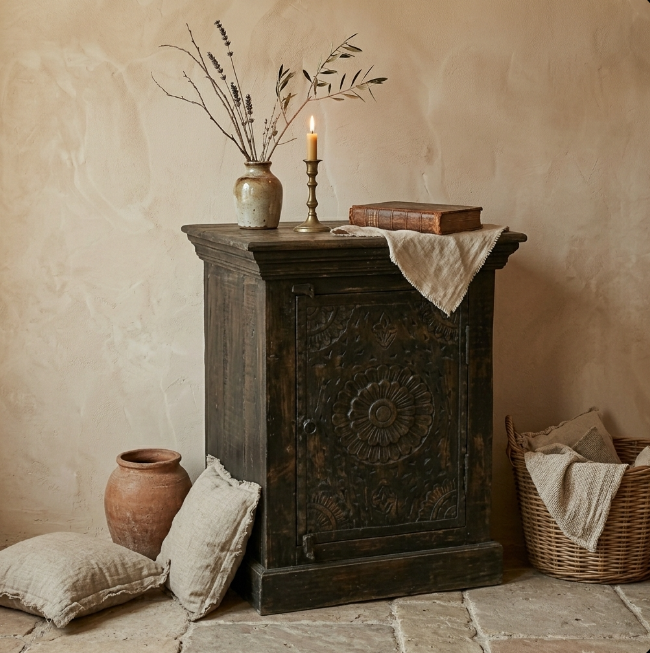 Table de chevet ancienne en bois sculpté