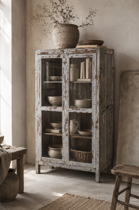 Vitrine ancienne en bois patiné