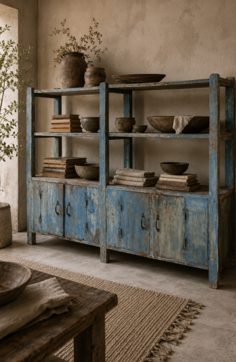 Grande étagère ancienne bleu patiné avec placards