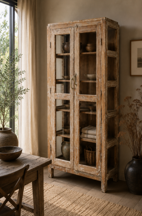 Vitrine ancienne en bois patiné clair