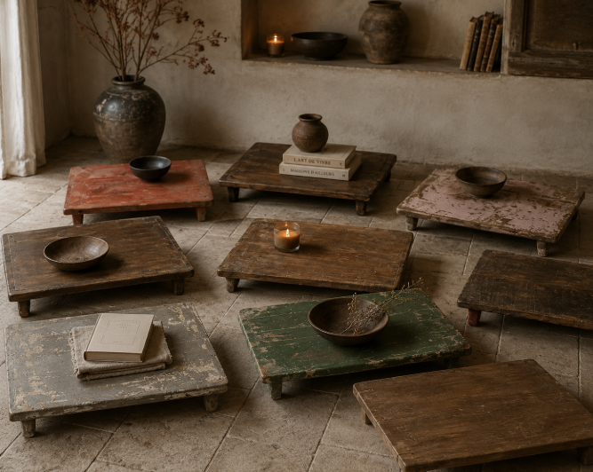 Petites tables basses anciennes en bois patiné – série limitée