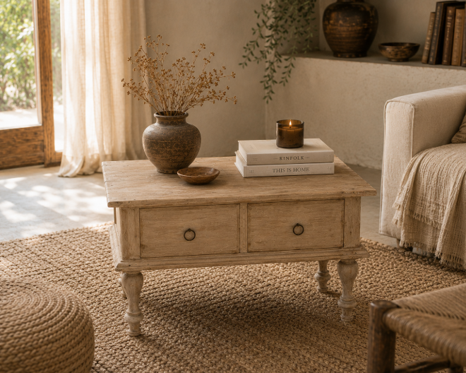 Petite table basse ancienne avec tiroirs